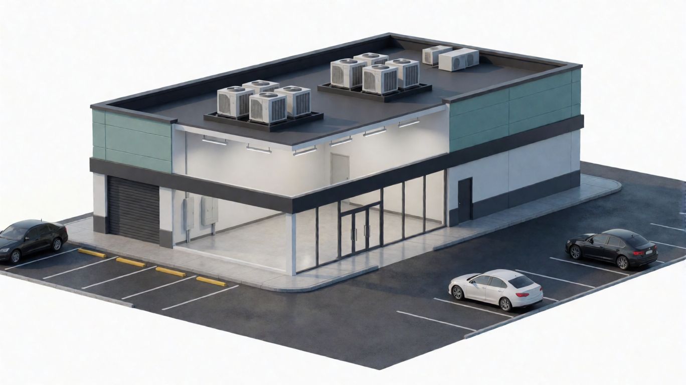 A commercial building with its parking lot, rooftop units, storefront and loading door